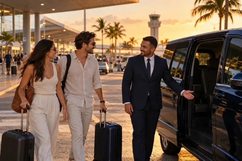 Imagem conceitual de viajantes ao lado de uma van em área de aeroporto