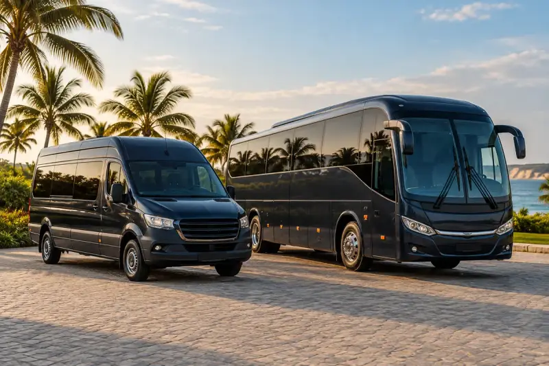 Imagem conceitual de uma van e um ônibus para deslocamentos de grupos; não representa frota real
